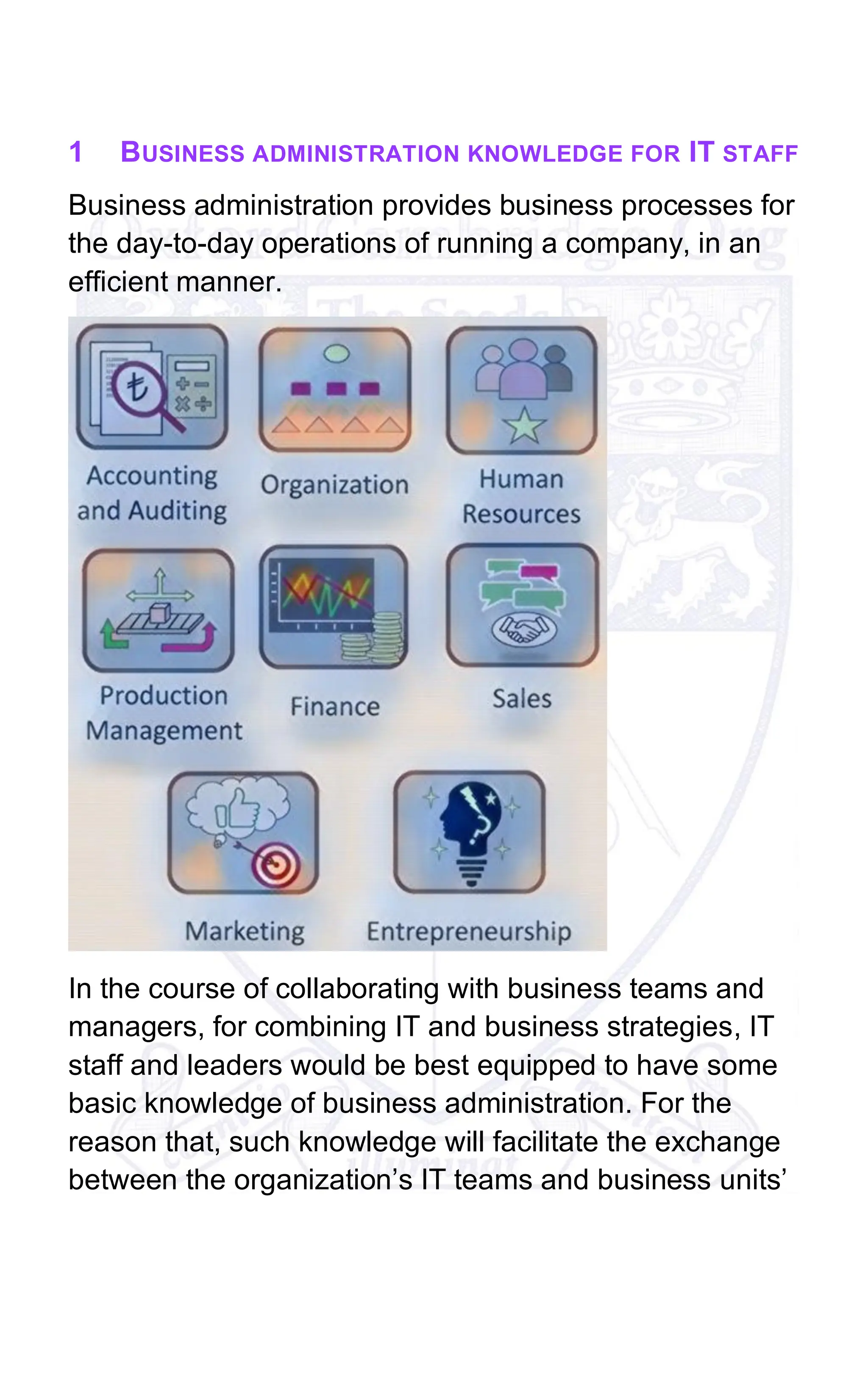1 BUSINESS ADMINISTRATION KNOWLEDGE FOR IT STAFF
Business administration provides business processes for
the day-to-day operations of running a company, in an
efficient manner.
In the course of collaborating with business teams and
managers, for combining IT and business strategies, IT
staff and leaders would be best equipped to have some
basic knowledge of business administration. For the
reason that, such knowledge will facilitate the exchange
between the organization’s IT teams and business units’
 