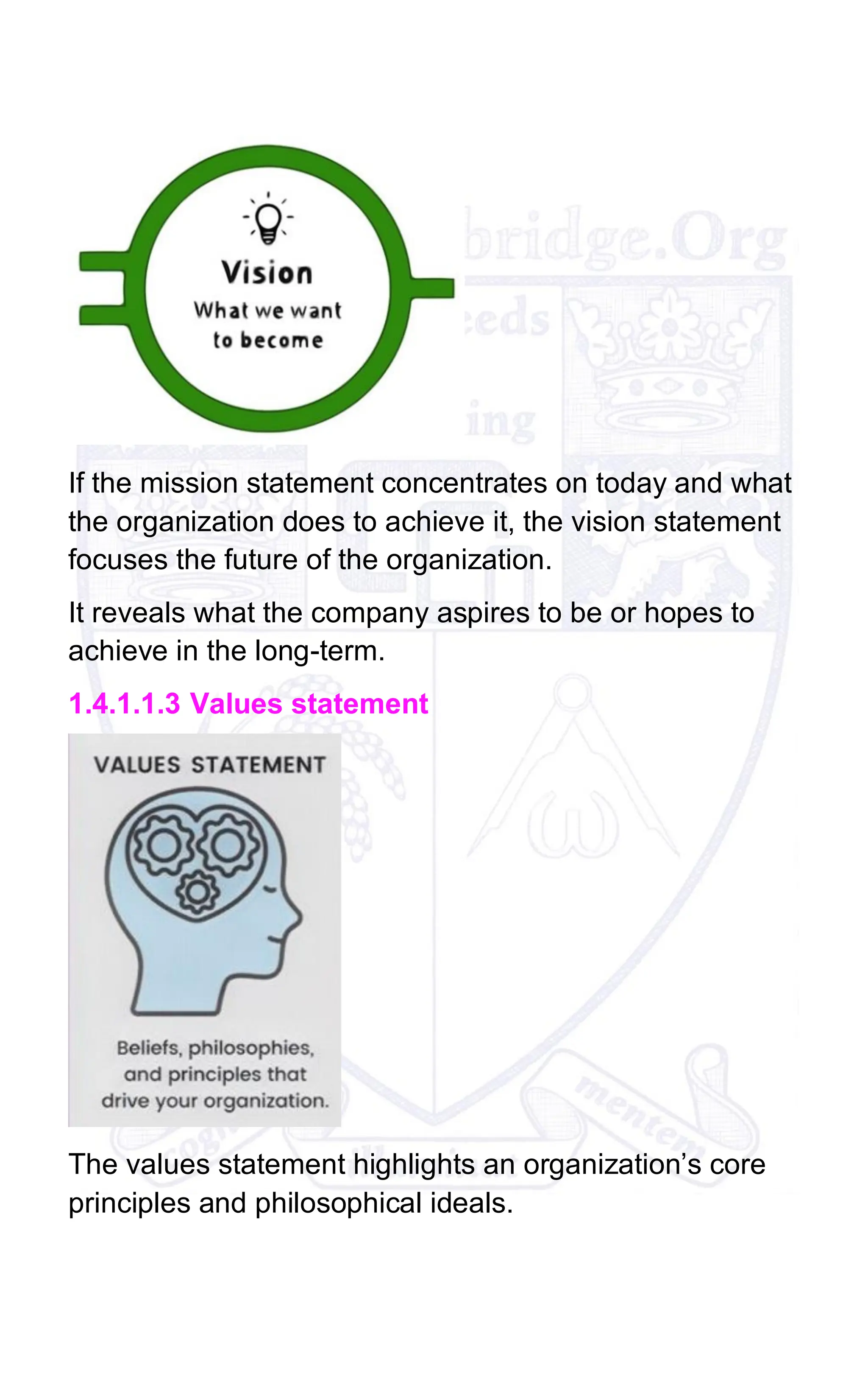 If the mission statement concentrates on today and what
the organization does to achieve it, the vision statement
focuses the future of the organization.
It reveals what the company aspires to be or hopes to
achieve in the long-term.
1.4.1.1.3 Values statement
The values statement highlights an organization’s core
principles and philosophical ideals.
 
