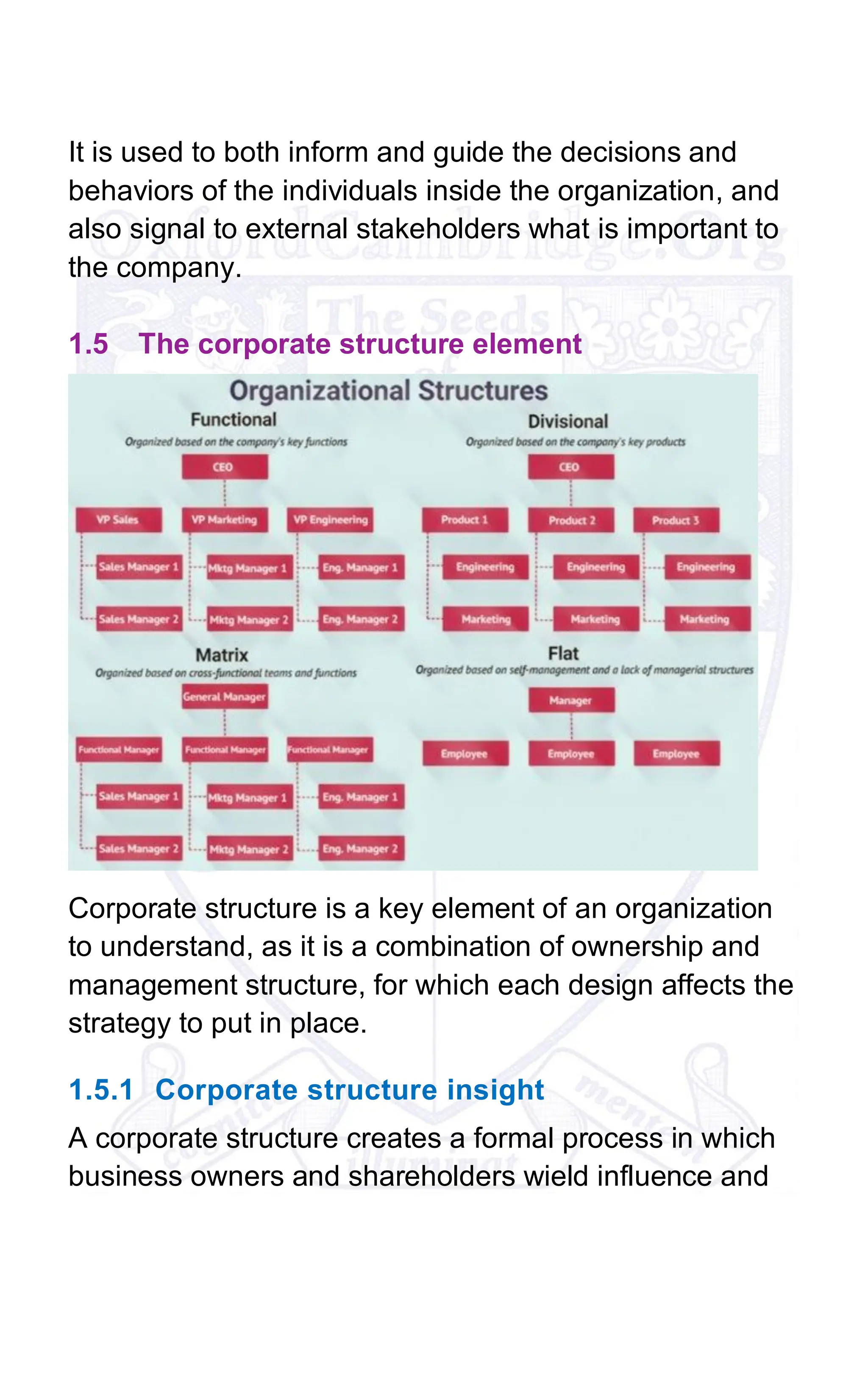 It is used to both inform and guide the decisions and
behaviors of the individuals inside the organization, and
also signal to external stakeholders what is important to
the company.
1.5 The corporate structure element
Corporate structure is a key element of an organization
to understand, as it is a combination of ownership and
management structure, for which each design affects the
strategy to put in place.
1.5.1 Corporate structure insight
A corporate structure creates a formal process in which
business owners and shareholders wield influence and
 
