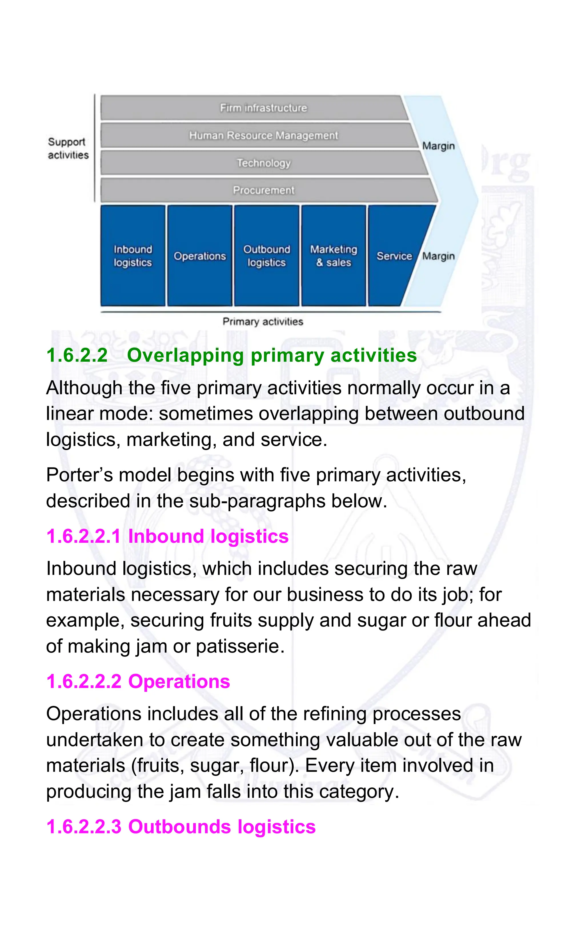 1.6.2.2 Overlapping primary activities
Although the five primary activities normally occur in a
linear mode: sometimes overlapping between outbound
logistics, marketing, and service.
Porter’s model begins with five primary activities,
described in the sub-paragraphs below.
1.6.2.2.1 Inbound logistics
Inbound logistics, which includes securing the raw
materials necessary for our business to do its job; for
example, securing fruits supply and sugar or flour ahead
of making jam or patisserie.
1.6.2.2.2 Operations
Operations includes all of the refining processes
undertaken to create something valuable out of the raw
materials (fruits, sugar, flour). Every item involved in
producing the jam falls into this category.
1.6.2.2.3 Outbounds logistics
 