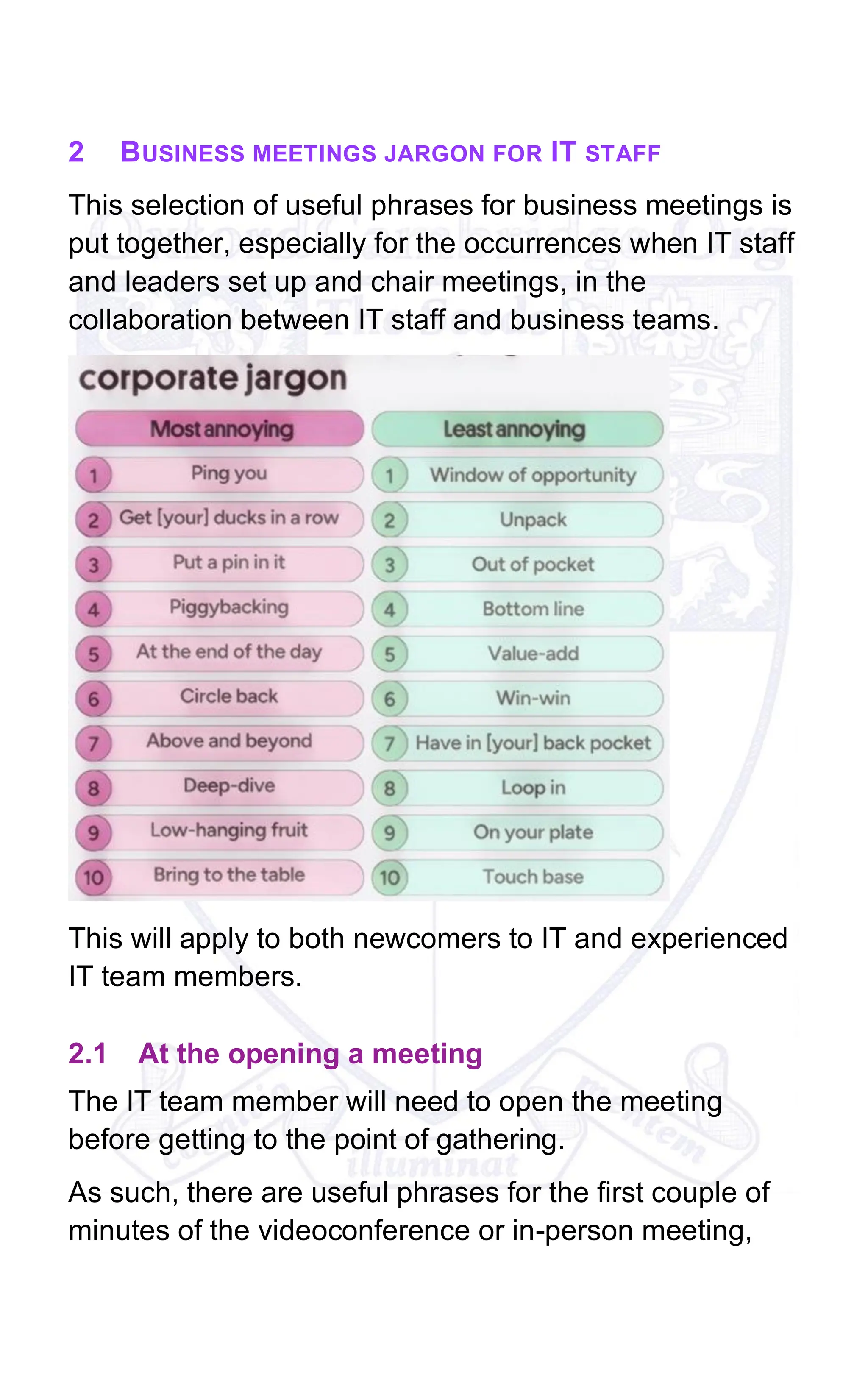 2 BUSINESS MEETINGS JARGON FOR IT STAFF
This selection of useful phrases for business meetings is
put together, especially for the occurrences when IT staff
and leaders set up and chair meetings, in the
collaboration between IT staff and business teams.
This will apply to both newcomers to IT and experienced
IT team members.
2.1 At the opening a meeting
The IT team member will need to open the meeting
before getting to the point of gathering.
As such, there are useful phrases for the first couple of
minutes of the videoconference or in-person meeting,
 