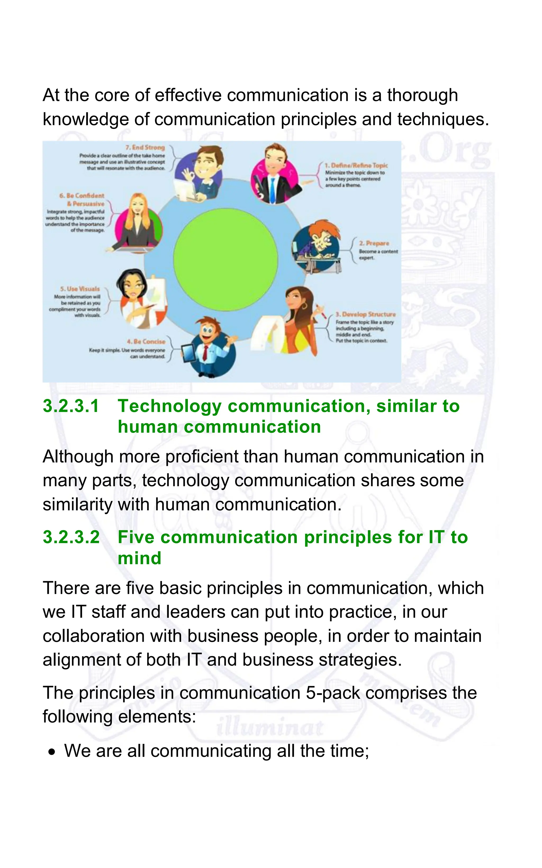 At the core of effective communication is a thorough
knowledge of communication principles and techniques.
3.2.3.1 Technology communication, similar to
human communication
Although more proficient than human communication in
many parts, technology communication shares some
similarity with human communication.
3.2.3.2 Five communication principles for IT to
mind
There are five basic principles in communication, which
we IT staff and leaders can put into practice, in our
collaboration with business people, in order to maintain
alignment of both IT and business strategies.
The principles in communication 5-pack comprises the
following elements:
• We are all communicating all the time;
 