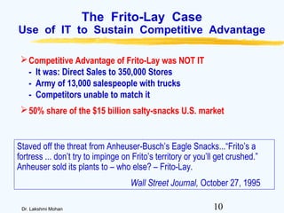10Dr. Lakshmi Mohan
The Frito-Lay Case
Use of IT to Sustain Competitive Advantage
Competitive Advantage of Frito-Lay was NOT IT
- It was: Direct Sales to 350,000 Stores
- Army of 13,000 salespeople with trucks
- Competitors unable to match it
50% share of the $15 billion salty-snacks U.S. market
Staved off the threat from Anheuser-Busch’s Eagle Snacks...“Frito’s a
fortress ... don’t try to impinge on Frito’s territory or you’ll get crushed.”
Anheuser sold its plants to – who else? – Frito-Lay.
Wall Street Journal, October 27, 1995
 