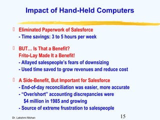 15Dr. Lakshmi Mohan
Impact of Hand-Held Computers
 Eliminated Paperwork of Salesforce
- Time savings: 3 to 5 hours per week
 BUT… Is That a Benefit?
Frito-Lay Made It a Benefit!
- Allayed salespeople’s fears of downsizing
- Used time saved to grow revenues and reduce cost
 A Side-Benefit, But Important for Salesforce
- End-of-day reconciliation was easier, more accurate
- “Over/short” accounting discrepancies were
$4 million in 1985 and growing
- Source of extreme frustration to salespeople
 