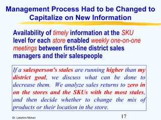 17Dr. Lakshmi Mohan
Management Process Had to be Changed to
Capitalize on New Information
If a salesperson's stales are running higher than my
district goal, we discuss what can be done to
decrease them. We analyze sales returns to zero in
on the stores and the SKUs with the most stales,
and then decide whether to change the mix of
products or their location in the store.
Availability of timely information at the SKU
level for each store enabled weekly one-on-one
meetings between first-line district sales
managers and their salespeople
 