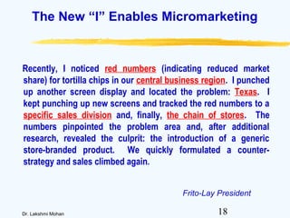 18Dr. Lakshmi Mohan
The New “I” Enables Micromarketing
Recently, I noticed red numbers (indicating reduced market
share) for tortilla chips in our central business region. I punched
up another screen display and located the problem: Texas. I
kept punching up new screens and tracked the red numbers to a
specific sales division and, finally, the chain of stores. The
numbers pinpointed the problem area and, after additional
research, revealed the culprit: the introduction of a generic
store-branded product. We quickly formulated a counter-
strategy and sales climbed again.
Frito-Lay President
 