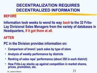 21Dr. Lakshmi Mohan
DECENTRALIZATION REQUIRES
DECENTRALIZED INFORMATION
BEFORE
Information took weeks to wend its way back to the 32 Frito-
Lay Divisional Sales Managers from the variety of databases in
Headquarters, if it got there at all.
AFTER
PC in the Division provides information on:
• Comparison of brand / pack sales by type of store
• Analysis of weekly performance by districts
• Ranking of sales reps’ performance (about 350 in each district)
• How Frito-Lay stacks up against competition in market shares,
prices, promotion, etc.
 