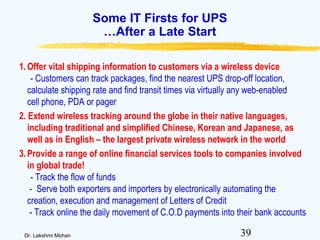 39Dr. Lakshmi Mohan
Some IT Firsts for UPS
…After a Late Start
1.Offer vital shipping information to customers via a wireless device
- Customers can track packages, find the nearest UPS drop-off location,
calculate shipping rate and find transit times via virtually any web-enabled
cell phone, PDA or pager
2. Extend wireless tracking around the globe in their native languages,
including traditional and simplified Chinese, Korean and Japanese, as
well as in English – the largest private wireless network in the world
3.Provide a range of online financial services tools to companies involved
in global trade!
- Track the flow of funds
- Serve both exporters and importers by electronically automating the
creation, execution and management of Letters of Credit
- Track online the daily movement of C.O.D payments into their bank accounts
 