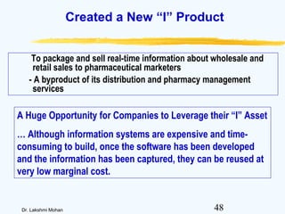 48Dr. Lakshmi Mohan
Created a New “I” Product
To package and sell real-time information about wholesale and
retail sales to pharmaceutical marketers
- A byproduct of its distribution and pharmacy management
services
A Huge Opportunity for Companies to Leverage their “I” Asset
… Although information systems are expensive and time-
consuming to build, once the software has been developed
and the information has been captured, they can be reused at
very low marginal cost.
 