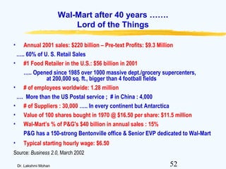 52Dr. Lakshmi Mohan
Wal-Mart after 40 years …….
Lord of the Things
• Annual 2001 sales: $220 billion – Pre-text Profits: $9.3 Million
….. 60% of U. S. Retail Sales
• #1 Food Retailer in the U.S.: $56 billion in 2001
….. Opened since 1985 over 1000 massive dept./grocery supercenters,
at 200,000 sq. ft., bigger than 4 football fields
• # of employees worldwide: 1.28 million
…. More than the US Postal service ; # in China : 4,000
• # of Suppliers : 30,000 ….. In every continent but Antarctica
• Value of 100 shares bought in 1970 @ $16.50 per share: $11.5 million
• Wal-Mart’s % of P&G's $40 billion in annual sales : 15%
P&G has a 150-strong Bentonville office & Senior EVP dedicated to Wal-Mart
• Typical starting hourly wage: $6.50
Source: Business 2.0, March 2002
 
