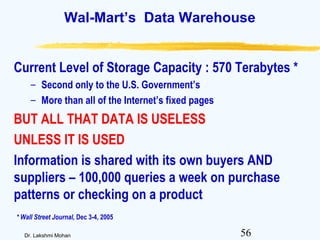56Dr. Lakshmi Mohan
Wal-Mart’s Data Warehouse
Current Level of Storage Capacity : 570 Terabytes *
– Second only to the U.S. Government’s
– More than all of the Internet’s fixed pages
BUT ALL THAT DATA IS USELESS
UNLESS IT IS USED
Information is shared with its own buyers AND
suppliers – 100,000 queries a week on purchase
patterns or checking on a product
* Wall Street Journal, Dec 3-4, 2005
 