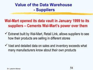 58Dr. Lakshmi Mohan
Wal-Mart opened its data vault in January 1999 to its
suppliers – Cements Wal-Mart’s power over them
Extranet built by Wal-Mart, Retail Link, allows suppliers to see
how their products are selling in different stores
Vast and detailed data on sales and inventory exceeds what
many manufacturers know about their own products
Value of the Data Warehouse
- Suppliers
 