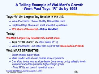 68Dr. Lakshmi Mohan
A Telling Example of Wal-Mart’s Growth
- Went Past Toys “R” Us by 1998
Toys “R” Us: Largest Toy Retailer in the U.S.
--- Value Proposition: Choice, Quality, Reasonable Price
--- Displaced Dept. Stores and small specialist toy retailers
--- 25% share of the market – Before Wal-Mart!
Today:
Wal-Mart: Largest Toy Retailer: 25% market share
--- Toys “R” Us Share: 15% (2003 Sales: $11B)
--- Value Proposition: One better than Toys “R” Us: Rock-Bottom PRICES
WAL-MART STRENGTHS:
--- Super-efficient supply chain
--- Mass retailer, with a broad diverse array of products
--- Can afford to use toys as a loss-leader (lose money on toy sales) to lure in
customers who then purchase higher-margin goods
- Toys “R” Us just doesn’t have that luxury
Source: Wall Street Journal, August 31, 2004
 
