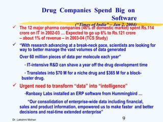 9Dr. Lakshmi Mohan
Drug Companies Spend Big on
Software
(“Times of India” – Jan 2, 2004)
 The 12 major pharma companies (46% of domestic market) spent Rs.114
crore on IT in 2002-03 … Expected to go up 6% to Rs.121 crore
– about 1% of revenue – in 2003-04 (TCS Study)
 “With research advancing at a break-neck pace, scientists are looking for
way to better manage the vast volumes of data generated
Over 60 million pieces of data per molecule each year”
- IT-intensive R&D can shave a year off the drug development time
- Translates into $70 M for a niche drug and $365 M for a block-
buster drug.
 Urgent need to transform “data” into “intelligence”
-Ranbaxy Labs installed an ERP software from Hummingbird …
“Our consolidation of enterprise-wide data including financial,
sales and product information, empowered us to make faster and better
decisions and real-time extended enterprise”
 