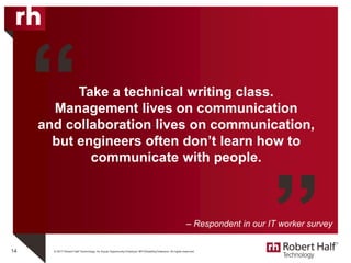 © 2017 Robert Half Technology. An Equal Opportunity Employer M/F/Disability/Veterans. All rights reserved.
Take a technical writing class.
Management lives on communication
and collaboration lives on communication,
but engineers often don’t learn how to
communicate with people.
14
“
”– Respondent in our IT worker survey
 
