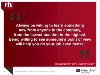 © 2017 Robert Half Technology. An Equal Opportunity Employer M/F/Disability/Veterans. All rights reserved.
Always be willing to learn something
new from anyone in the company,
from the lowest position to the highest.
Being willing to see someone’s point of view
will help you do your job even better.
5
“
”– Respondent in our IT worker survey
 