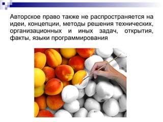 Авторское право  также  не распространяется   на  идеи, концепции, методы решения технических, организационных и иных задач, открытия, факты, языки программирования 