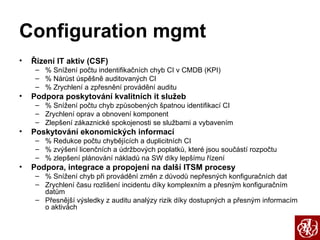 Configuration mgmt Řízení IT aktiv (CSF) % Snížení počtu indentifikačních chyb CI v CMDB (KPI) % Nárůst úspěšně auditovaných CI % Zrychlení a zpřesnění provádění auditu Podpora poskytování kvalitních it služeb % Snížení počtu chyb způsobených špatnou identifikací CI Zrychlení oprav a obnovení komponent Zlepšení zákaznické spokojenosti se službami a vybavením Poskytování ekonomických informací % Redukce počtu chybějících a duplicitních CI % zvýšení licenčních a údržbových poplatků, které jsou součástí rozpočtu % zlepšení plánování nákladů na SW díky lepšímu řízení Podpora, integrace a propojení na další ITSM procesy % Snížení chyb při provádění změn z důvodů nepřesných konfiguračních dat Zrychlení času rozlišení incidentu díky komplexním a přesným konfiguračním datům Přesnější výsledky z auditu analýzy rizik díky dostupných a přesným informacím o aktivách 