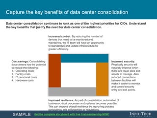 Info-Tech Research Group 5Info-Tech Research Group 5
Capture the key benefits of data center consolidation
Cost savings: C...
