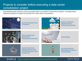 Info-Tech Research Group 9Info-Tech Research Group 9
Projects to consider before executing a data center
consolidation pro...