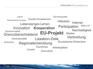02.06.09 Kooperation Innovation Grenzüberschreitend Kulturerbe Internet Partizipation Lebenslanges Lernen Nachhaltigkeit Europäische Dimension Genderaspekte Interkulturalität Tourismus Regionalentwicklung Soziale Kompetenzen Lissabon-Ziele Inklusion Medien Verbreitung Web 2.0 Sprachenvielfalt Jugend Marginalisierte Gruppen Umwelt Arbeitsplätze EU-Projekt Gesundheit 
