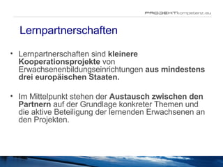 Lernpartnerschaften Lernpartnerschaften sind  kleinere Kooperationsprojekte  von Erwachsenenbildungseinrichtungen  aus mindestens drei europäischen Staaten.  Im Mittelpunkt stehen der  Austausch zwischen den Partnern  auf der Grundlage konkreter Themen und die aktive Beteiligung der lernenden Erwachsenen an den Projekten. 