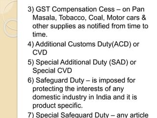 Format for determination of Customs
Duty
Particulars Amount Total
Duty
Assessable Value xxx
Add : BCD on AV xxx xxx
Add : ...