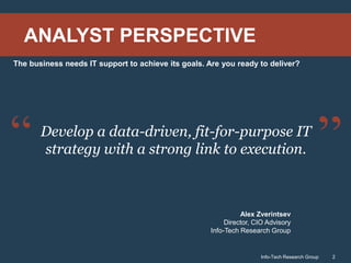 Info-Tech Research Group 2Info-Tech Research Group 2
Develop a data-driven, fit-for-purpose IT
strategy with a strong link to execution.
Alex Zverintsev
Director, CIO Advisory
Info-Tech Research Group
The business needs IT support to achieve its goals. Are you ready to deliver?
ANALYST PERSPECTIVE
 
