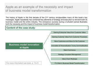 Apple as an example of the necessity and impact
of business model transformation

The history of Apple in the first decade of the 21st century encapsulates many of this book’s key
messages. Apple repeatedly has combined key elements of strategy and execution to reinvent both its
business model and the entire industry. The company’s success during a turbulent period illustrates
both the necessity and the impact of business model transformation.

Content of the case study:
                                                          Gaining Enterprise Value from Customer Value

                                                        Gaining Customer Value from Customer Processes

                                                           More Customers and More for the Customer

    Business model innovation                          Innovation & Personalization Trump Commoditization
            at Apple
                                                                       Silent Commerce

                                                                Strategy Compliant Management

                                                                     Value Chain Redesign

For more information see book, p. 15-21                    IT’s Role in Business Model Transformation
 