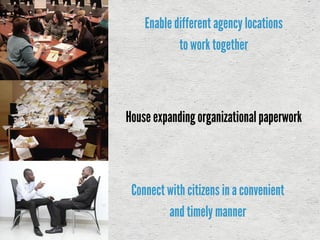 Enable different agency locations
to work together
House expanding organizationalpaperwork
Connect with citizens ina convenient
and timely manner
 