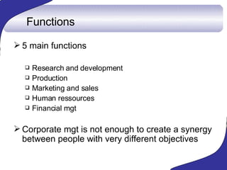 Functions <ul><li>5 main functions  </li></ul><ul><ul><li>Research and development  </li></ul></ul><ul><ul><li>Production ...