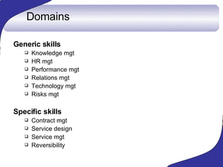 Domains <ul><li>Generic skills </li></ul><ul><ul><li>Knowledge mgt </li></ul></ul><ul><ul><li>HR mgt </li></ul></ul><ul><u...