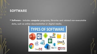 SOFTWARE
• Software - includes computer programs, libraries and related non-executable
data, such as online documentation or digital media.
 