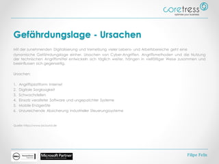 Gefährdungslage - Ursachen
Mit der zunehmenden Digitalisierung und Vernetzung vieler Lebens- und Arbeitsbereiche geht eine
dynamische Gefährdungslage einher. Ursachen von Cyber-Angriffen, Angriffsmethoden und die Nutzung
der technischen Angriffsmittel entwickeln sich täglich weiter, hängen in vielfältiger Weise zusammen und
beeinflussen sich gegenseitig.
Ursachen:
1. Angriffsplattform Internet
2. Digitale Sorglosigkeit
3. Schwachstellen
4. Einsatz veralteter Software und ungepatchter Systeme
5. Mobile Endgeräte
6. Unzureichende Absicherung industrieller Steuerungssysteme
Quelle: https://www.bsi.bund.de
Filipe Felix
 
