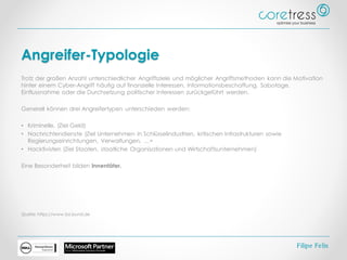 Angreifer-Typologie
Trotz der großen Anzahl unterschiedlicher Angriffsziele und möglicher Angriffsmethoden kann die Motivation
hinter einem Cyber-Angriff häufig auf finanzielle Interessen, Informationsbeschaffung, Sabotage,
Einflussnahme oder die Durchsetzung politischer Interessen zurückgeführt werden.
Generell können drei Angreifertypen unterschieden werden:
• Kriminelle, (Ziel Geld)
• Nachrichtendienste (Ziel Unternehmen in Schlüsselindustrien, kritischen Infrastrukturen sowie
Regierungseinrichtungen, Verwaltungen, …=
• Hacktivisten (Ziel Staaten, staatliche Organisationen und Wirtschaftsunternehmen)
Eine Besonderheit bilden Innentäter.
Quelle: https://www.bsi.bund.de
Filipe Felix
 