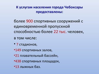 К услугам населения города Чебоксары
            предоставлены:

более 900 спортивных сооружений с
единовременной пропускной
способностью более 22 тыс. человек,
в том числе:
• 7 стадионов,
•149 спортивных залов,
•21 плавательный бассейн,
•438 спортивных площадок,
•13 лыжных баз.
 
