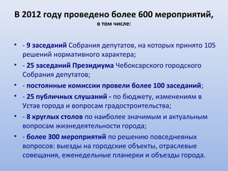 В 2012 году проведено более 600 мероприятий,
                       в том числе:


• - 9 заседаний Собрания депутатов, на которых принято 105
  решений нормативного характера;
• - 25 заседаний Президиума Чебоксарского городского
  Собрания депутатов;
• - постоянные комиссии провели более 100 заседаний;
• - 25 публичных слушаний - по бюджету, изменениям в
  Устав города и вопросам градостроительства;
• - 8 круглых столов по наиболее значимым и актуальным
  вопросам жизнедеятельности города;
• - более 300 мероприятий по решению повседневных
  вопросов: выезды на городские объекты, отраслевые
  совещания, еженедельные планерки и объезды города.
 