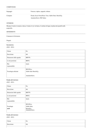 linguaggio Francese, inglese, spagnolo, italiano
Computer Parola, Excel, PowerPoint, Visio, Adobe Suite, SketchUp,
Autodesk Revit, PDF Editor
Contenuto di riferimento
COMPETENZE
INTERESSI
Mi piace il calcio, la musica..chessa, il tennis, lo sci, la funica, il carbone di legna, la pittura dei pastelli molli,
acquerello,
RIFERIMENTI
Progetti
Inventorist.
(2022 - 2023)
Cliente Per
Descrizione btb.
Dimensioni della squadra BBTTN.
La mia posizione BRNT,
Mio
responsabilità
nttynt.
Tecnologie utilizzate
MS Office,
Adobe Suite SketchUp.
Autodesk Revit.
Guida del turismo
(2022 - 2023)
Cliente Per
Descrizione btb.
Dimensioni della squadra BBTTN.
La mia posizione BRNT,
Mio
responsabilità
nttynt.
Tecnologie
used
MS Office,
Adobe Suite.
SketchUp
Autodesk Revit.
Guida del turismo
(2022 - 2023)
Cliente Per
Descrizione btb.
Powered by TCPDF (www.tcpdf.org)
 