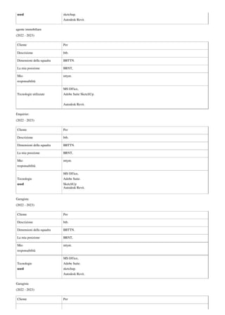 used sketchup.
Autodesk Revit.
agente immobiliare
(2022 - 2023)
Cliente Per
Descrizione btb.
Dimensioni della squadra BBTTN.
La mia posizione BRNT,
Mio
responsabilità
nttynt.
Tecnologie utilizzate
MS Office,
Adobe Suite SketchUp.
Autodesk Revit.
Enquirier.
(2022 - 2023)
Cliente Per
Descrizione btb.
Dimensioni della squadra BBTTN.
La mia posizione BRNT,
Mio
responsabilità
nttynt.
Tecnologie
used
MS Office,
Adobe Suite.
SketchUp
Autodesk Revit.
Garagista
(2022 - 2023)
Cliente Per
Descrizione btb.
Dimensioni della squadra BBTTN.
La mia posizione BRNT,
Mio
responsabilità
nttynt.
Tecnologie
used
MS Office,
Adobe Suite.
sketchup.
Autodesk Revit.
Garagista
(2022 - 2023)
Cliente Per
Powered by TCPDF (www.tcpdf.org)
 