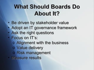 What Should Boards Do About It? Be driven by stakeholder value Adopt an IT governance framework Ask the right questions Focus on IT’s: Alignment with the business Value delivery Risk management Measure results 
