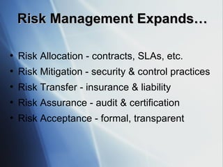 Risk Management Expands … Risk Allocation - contracts, SLAs, etc. Risk Mitigation - security & control practices Risk Transfer - insurance & liability Risk Assurance - audit & certification Risk Acceptance - formal, transparent 