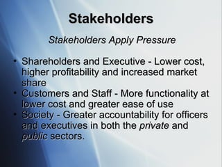 Stakeholders Stakeholders Apply Pressure Shareholders and Executive - Lower cost, higher profitability and increased market share Customers and Staff - More functionality at lower cost and greater ease of use Society - Greater accountability for officers and executives in both the  private  and  public  sectors. 