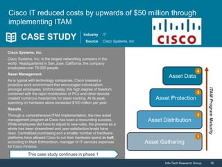 Info-Tech Research Group 16Info-Tech Research Group 16
Cisco Systems, Inc.
Cisco Systems, Inc. is the largest networking company in the
world. Headquartered in San Jose, California, the company
employees over 70,000 people.
Asset Management
As is typical with technology companies, Cisco boasted a
proactive work environment that encouraged individualism
amongst employees. Unfortunately, this high degree of freedom
combined with the rapid mobilization of PCs and other devices
created numerous headaches for asset tracking. At its peak,
spending on hardware alone exceeded $100 million per year.
Results
Through a comprehensive ITAM implementation, the new asset
management program at Cisco has been a resounding success.
While employees did have to adjust to new rules, the process as a
whole has been streamlined and user-satisfaction levels have
risen. Centralized purchasing and a smaller number of hardware
platforms have allowed Cisco to cut their hardware spend in half,
according to Mark Edmondson, manager of IT services expenses
for Cisco Finance.
CASE STUDY Industry
Source
IT
Cisco Systems, Inc.
Asset Gathering
Asset Distribution
Asset Protection
Asset Data
ITAMProgramMaturity
1
4
3
2
This case study continues in phase 1
Cisco IT reduced costs by upwards of $50 million through
implementing ITAM
 