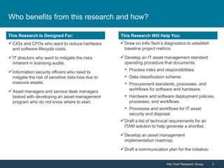 Info-Tech Research Group 3Info-Tech Research Group 3
This Research is Designed For: This Research Will Help You:This Research Is Designed For: This Research Will Help You:
Who benefits from this research and how?
CIOs and CFOs who want to reduce hardware
and software lifecycle costs.
IT directors who want to mitigate the risks
inherent in licensing audits.
Information security officers who need to
mitigate the risk of sensitive data loss due to
insecure assets.
Asset managers and service desk managers
tasked with developing an asset management
program who do not know where to start.
Draw on Info-Tech’s diagnostics to establish
baseline project metrics.
Develop an IT asset management standard
operating procedure that documents:
• Process roles and responsibilities.
• Data classification scheme.
• Procurement standards, processes, and
workflows for software and hardware.
• Hardware and software deployment policies,
processes, and workflows.
• Processes and workflows for IT asset
security and disposal.
Draft a list of technical requirements for an
ITAM solution to help generate a shortlist.
Develop an asset management
implementation roadmap.
Draft a communication plan for the initiative.
 