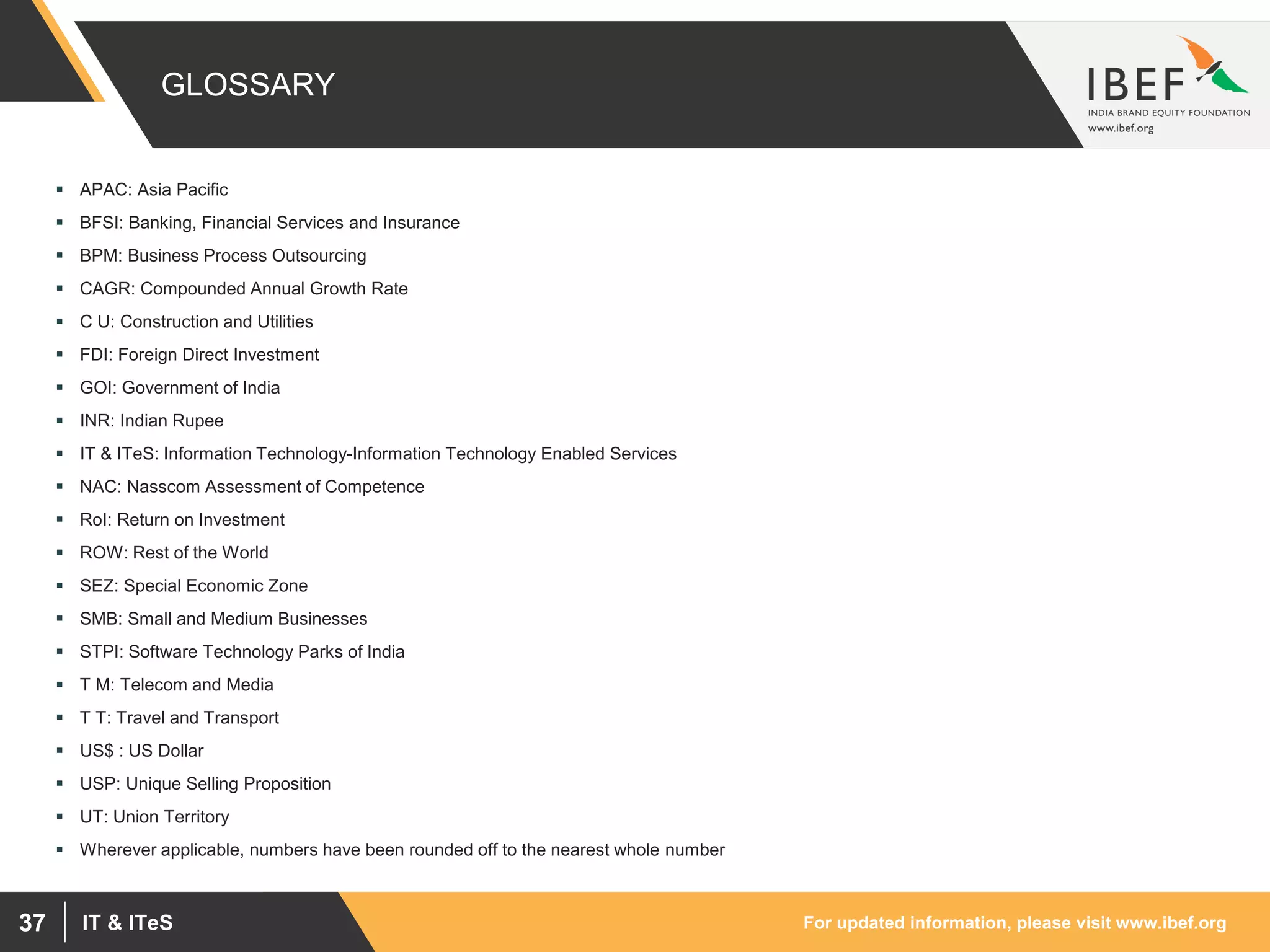 For updated information, please visit www.ibef.orgIT & ITeS37
GLOSSARY
 APAC: Asia Pacific
 BFSI: Banking, Financial Services and Insurance
 BPM: Business Process Outsourcing
 CAGR: Compounded Annual Growth Rate
 C U: Construction and Utilities
 FDI: Foreign Direct Investment
 GOI: Government of India
 INR: Indian Rupee
 IT & ITeS: Information Technology-Information Technology Enabled Services
 NAC: Nasscom Assessment of Competence
 RoI: Return on Investment
 ROW: Rest of the World
 SEZ: Special Economic Zone
 SMB: Small and Medium Businesses
 STPI: Software Technology Parks of India
 T M: Telecom and Media
 T T: Travel and Transport
 US$ : US Dollar
 USP: Unique Selling Proposition
 UT: Union Territory
 Wherever applicable, numbers have been rounded off to the nearest whole number
 