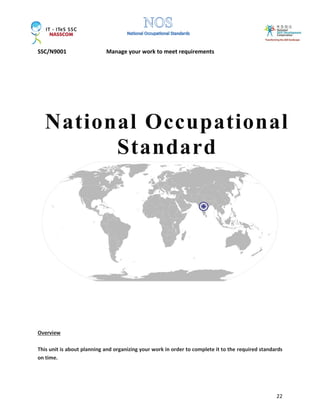 SSC/N9001 Manage your work to meet requirements
22
Overview
This unit is about planning and organizing your work in order to complete it to the required standards
on time.
National Occupational
Standard
 