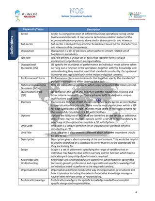 4
Keywords /Terms Description
Sector Sector is a conglomeration of different business operations having similar
business and interests. It may also be defined as a distinct subset of the
economy whose components share similar characteristics and interests.
Sub-sector Sub-sector is derived from a further breakdown based on the characteristics
and interests of its components.
Occupation Occupation is a set of job roles, which perform similar/ related set of
functions in an industry.
Job Role Job role defines a unique set of tasks that together form a unique
employment opportunity in an organisation.
Occupational
Standards (OS)
OS specify the standards of performance an individual must achieve when
carrying out a function in the workplace, together with the knowledge and
understanding they need to meet that standard consistently. Occupational
Standards are applicable both in the Indian and global contexts.
Performance Criteria Performance criteria are statements that together specify the standard of
performance required when carrying out a task.
National Occupational
Standards (NOS)
NOS are occupational standards which apply uniquely in the Indian context.
Qualifications Pack
(QP)
QP comprises the set of OSs, together with the educational, training and
other criteria required to perform a job role. A QP is assigned a unique
qualifications pack code.
Electives Electives are NOS/set of NOS that are identified by the sector as contributive
to specialization in a job role. There may be multiple electives within a QP
for each specialized job role. Trainees must select at least one elective for
the successful completion of a QP with Electives.
Options Options are NOS/set of NOS that are identified by the sector as additional
skills. There may be multiple options within a QP. It is not mandatory to
select any of the options to complete a QP with Options.
Unit Code Unit code is a unique identifier for an Occupational Standard, which is
denoted by an ‘N’
Unit Title Unit title gives a clear overall statement about what the incumbent should
be able to do.
Description Description gives a short summary of the unit content. This would be helpful
to anyone searching on a database to verify that this is the appropriate OS
they are looking for.
Scope Scope is a set of statements specifying the range of variables that an
individual may have to deal with in carrying out the function which have a
critical impact on quality of performance required.
Knowledge and
Understanding
Knowledge and understanding are statements which together specify the
technical, generic, professional and organisational specific knowledge that
an individual need to perform to the required standard.
Organisational Context Organisational context includes the way the organisation is structured and
how it operates, including the extent of operative knowledge managers
have of their relevant areas of responsibility.
Technical Knowledge Technical knowledge is the specific knowledge needed to accomplish
specific designated responsibilities.
Definitions
 