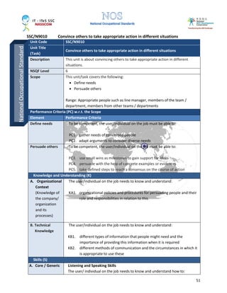 SSC/N9010 Convince others to take appropriate action in different situations
51
Unit Code SSC/N9010
Unit Title
(Task)
Convince others to take appropriate action in different situations
Description This unit is about convincing others to take appropriate action in different
situations.
NSQF Level 6
Scope This unit/task covers the following:
• Define needs
• Persuade others
Range: Appropriate people such as line manager, members of the team /
department, members from other teams / departments
Performance Criteria (PC) w.r.t. the Scope
Element Performance Criteria
Define needs To be competent, the user/individual on the job must be able to:
PC1. gather needs of concerned people
PC2. adapt arguments to consider diverse needs
Persuade others To be competent, the user/individual on the job must be able to:
PC3. use small wins as milestones to gain support for ideas
PC4. persuade with the help of concrete examples or evidences
PC5. take defined steps to reach a consensus on the course of action
Knowledge and Understanding (K)
A. Organizational
Context
(Knowledge of
the company/
organization
and its
processes)
The user/individual on the job needs to know and understand:
KA1. organizational policies and procedures for persuading people and their
role and responsibilities in relation to this
B. Technical
Knowledge
The user/individual on the job needs to know and understand:
KB1. different types of information that people might need and the
importance of providing this information when it is required
KB2. different methods of communication and the circumstances in which it
is appropriate to use these
Skills (S)
A. Core / Generic Listening and Speaking Skills
The user/ individual on the job needs to know and understand how to:
NationalOccupationalStandard
 