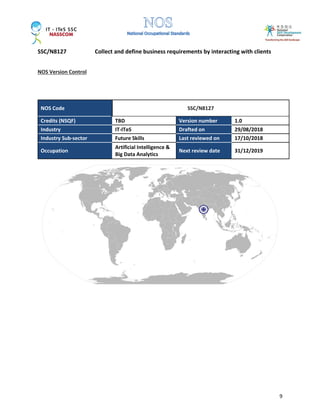 SSC/N8127 Collect and define business requirements by interacting with clients
9
NOS Version Control
NOS Code SSC/N8127
Credits (NSQF) TBD Version number 1.0
Industry IT-ITeS Drafted on 29/08/2018
Industry Sub-sector Future Skills Last reviewed on 17/10/2018
Occupation
Artificial Intelligence &
Big Data Analytics
Next review date 31/12/2019
 