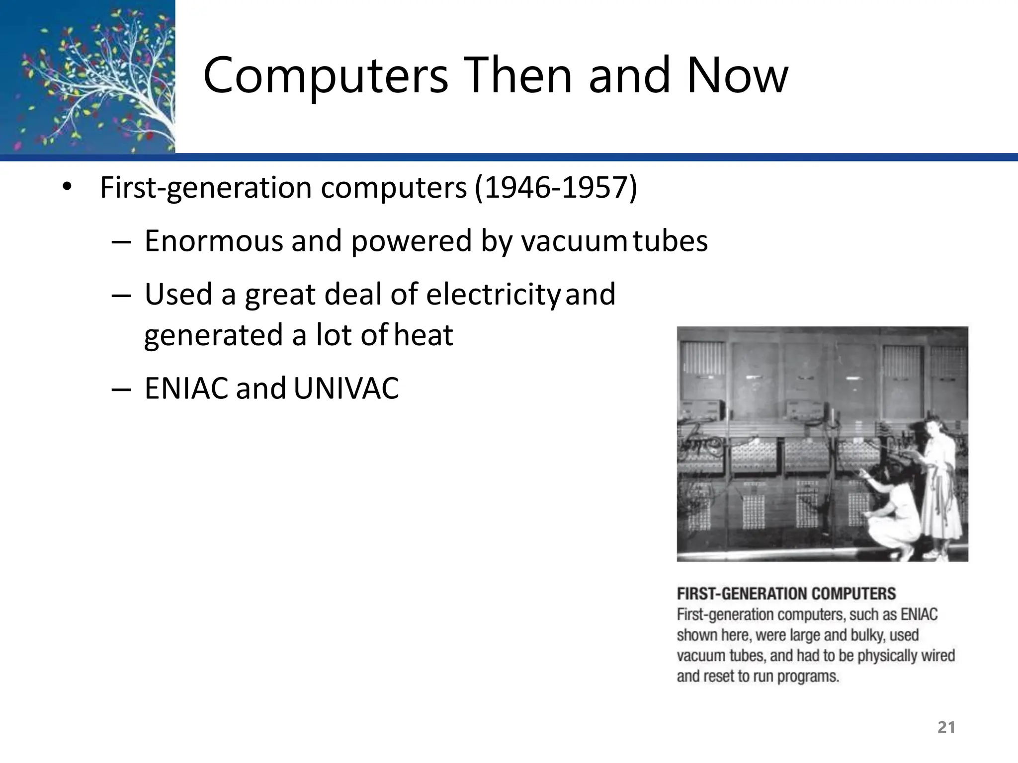 Computers Then and Now
• First-generation computers (1946-1957)
– Enormous and powered by vacuumtubes
– Used a great deal of electricityand
generated a lot ofheat
– ENIAC and UNIVAC
21
 